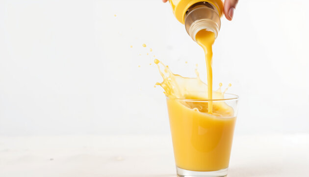 Orange juice being poured into glass with splash on white background