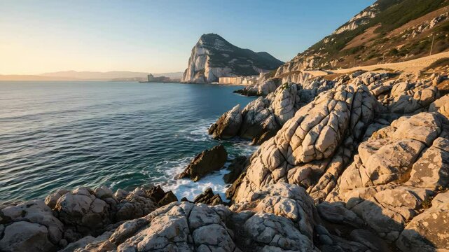Coastal Scenery of Rock of Gibraltar at Sunset with Rocky Coastline and Golden Light on the Mediterranean Sea