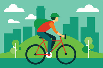 Cyclist riding bike through city park green hill urban landscape