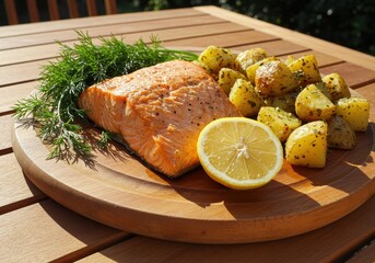 Fresh Grilled Salmon with Herbs and Roasted Potatoes on Wooden Table in Natural Light