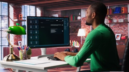 Remote worker uses conversational AI bot to help solve daily tasks, chatting with machine learning powered chatbot to generate data responses. Efficiency with AI assistant tool. Camera A.