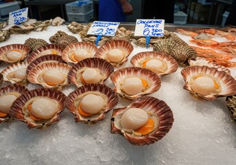 Fresh Scallops Displayed on Ice at a Seafood Market with Price Tags in a Vibrant Food Setting