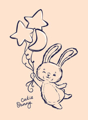 Vector illustration of a cute bunny fly on star and moon balloons, handwritten text Cutie Bunny. Soft pastel background and hand-drawn sketch style rabbit baby. Perfect for nursery decor or kids print