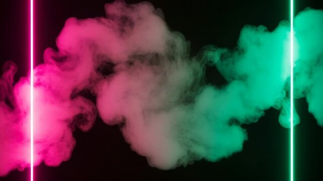 Fond abstrait noir avec fum&eacute;e rose et verte et deux lasers vers le haut

