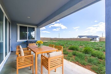 On the porch of a house, there is a table along with chairs set up