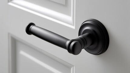 Elegant black door handle on a white door with a modern design