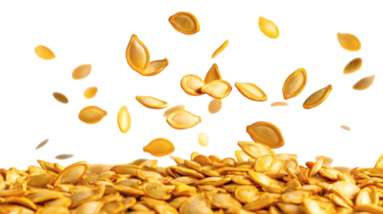 Golden roasted pumpkin seeds falling on a pile isolated on white background 