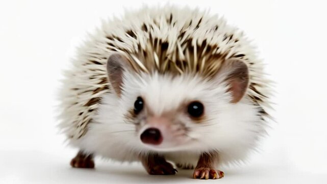 Baby erizo walking on white floor, looking cute and curious at camera