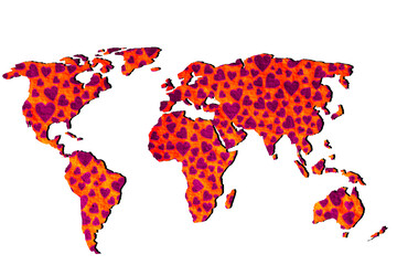 Global world map with heart shapes dotted in various locations