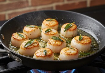 Grilled Scallops with Butter and Herbs in a Skillet on Stove Top with Steaming Hot Background