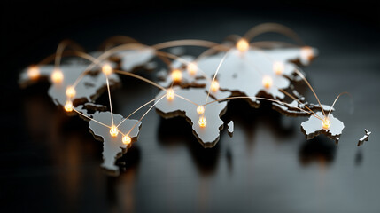 World map with glowing nodes and connections, vibrant and futuristic, global network, digital communication, international business, tech visualization.