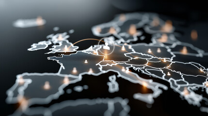 Europe map with radiant lines and people icons, futuristic and inclusive, global technology, digital communication, European connectivity, collaboration.