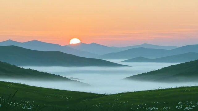 Misty Pixel Art Mountain Range at Sunrise Green Hills Landscape