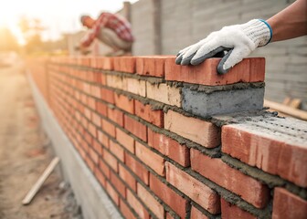 Building a brick wall with mortar construction worker laying bricks masonry work professional bricklayer