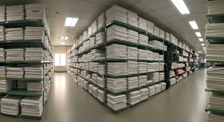 Neat and Organized Linen Storage Room with Shelves Full of White Towels and Textiles in a Commercial Environment