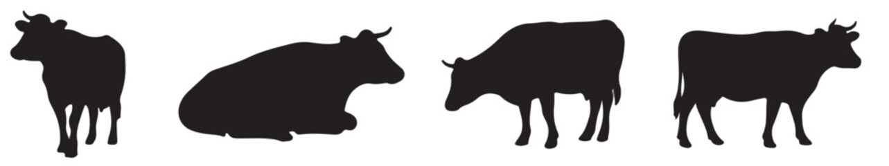 Cattle Silhouette Composition: This monochrome composition presents four distinct silhouettes of cattle, showcasing their forms in various poses. A minimal depiction of farm animal