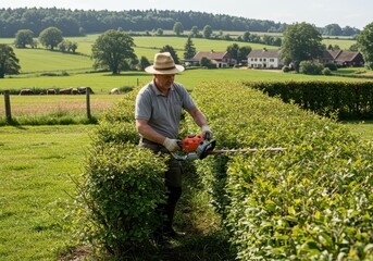 Person Trimming Hedge with Electric Hedge Trimmer in Green Landscape Under Bright Sunlight in Rural Setting