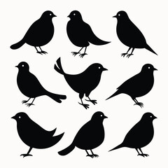  Set of Nine Black Bird Silhouettes - Diverse Minimalist Avian Vector Collection on White