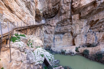 Dangerous Wood Walkway Famous Caminito Del Rey King's Little Path Trail Detail. Dramatic Steep Gorge Cliff Walls El Chorro Spain Malaga Province
