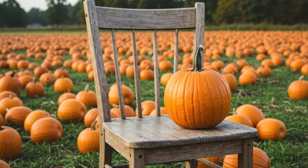 Rustic Wooden Chair with Bright Orange Pumpkin in Colorful Pumpkin Patch During Autumn Season on a Clear Day Surrounded by Vibrant Orange Pumpkins