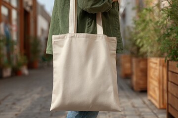 A person holds a creamcolored tote bag on a paved street lined with plants in wooden planters