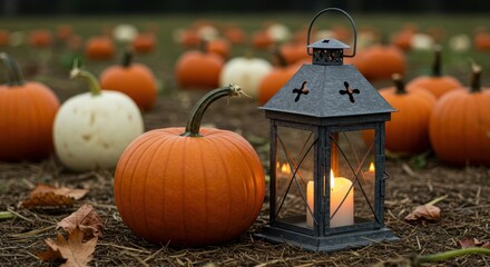 Scenic autumn landscape with vibrant orange pumpkin, glowing lantern, and scattered squash in a pumpkin patch during the fall harvest season