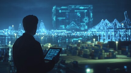 Businessman using digital tablet with futuristic interface to monitor logistics, shipping, and supply chain at a modern port