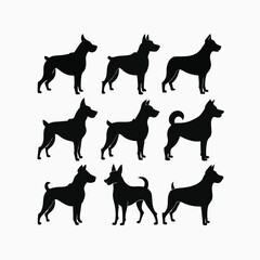 Set of Nine Black Dog Silhouettes - Various Canine Breeds and Dynamic Poses Vector