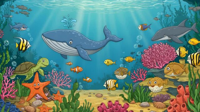 Pixelated Underwater World with Whale Fish Coral Turtle and Starfish Marine Life