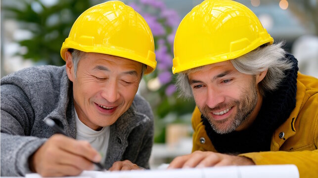 Two male architects, smiling and collaborating on a building plan, in a bright indoor setting with greenery in the background, construction consulting concept of architecture or design - Powered by Adobe