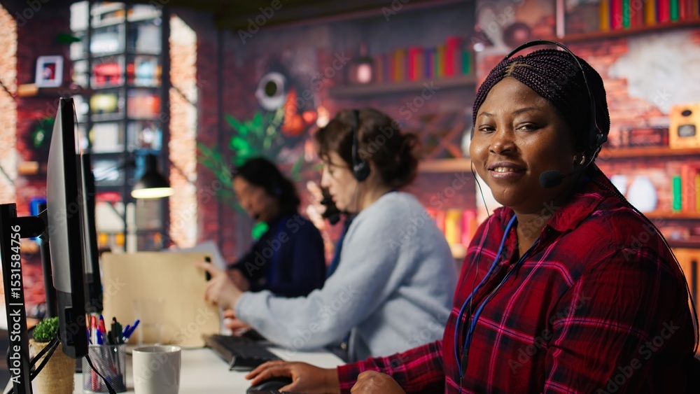 Poster smiling call center agent assisting customers through digital communication channels. customer suppo