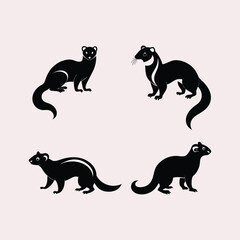 Set of Four Black Weasel or Ferret Silhouettes with Details - Vector Animal Icons