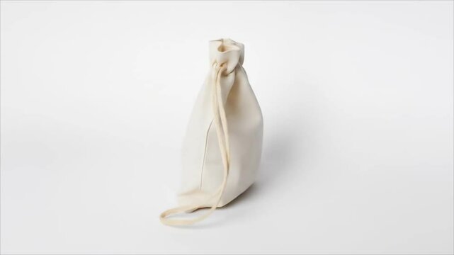 Soft white drawstring jewelry bag on a plain background  