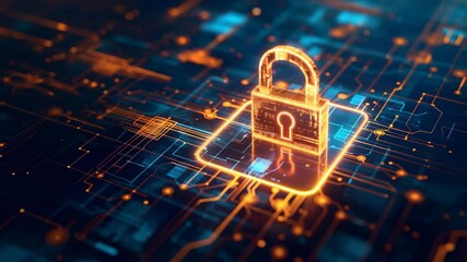Futuristic digital cybersecurity animation with glowing data blocks and grid interface. Ideal for tech, firewall, encryption, or network protection themes. - Powered by Adobe