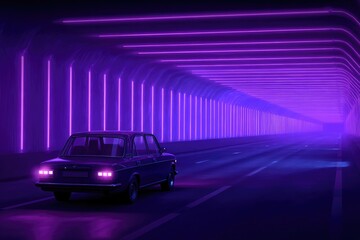 Retro car in a neon-lit tunnel