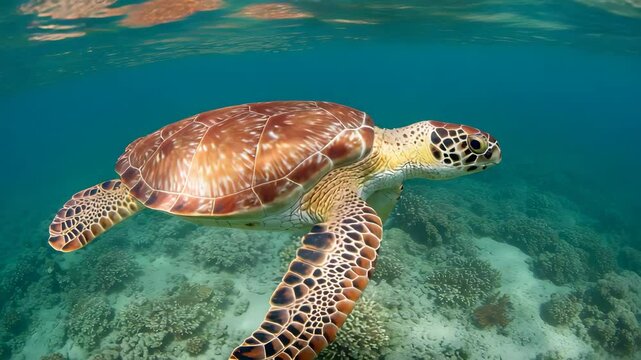 Sea Turtle Swimming Gracefully Through Tropical Coral Reefs Underwater with Turquoise Waters
