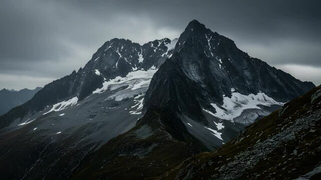 Snow Capped Mountain Peak Under Overcast Sky Showing Rocky Terrain With Patches Of Snow And Visible Slopes