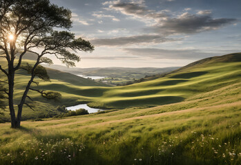 Peaceful Rolling Hills with Wildflowers and Sunset Light