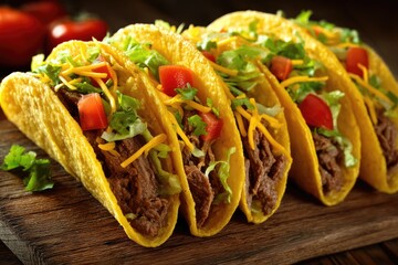 Four warm tacos, filled with shredded beef, topped with lettuce, tomatoes, and cheese