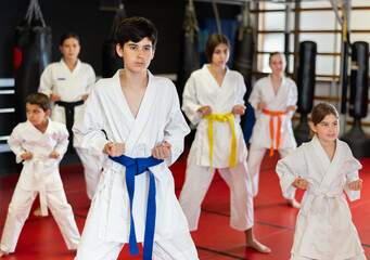 Group of children of different ages at a karate class. Teenage children master self-defense techniques © JackF