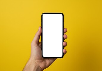 Hand holding smartphone with blank white screen mockup on yellow background for app or website design