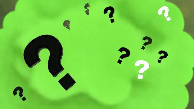 Abstract question mark cloud with floating symbols on green background