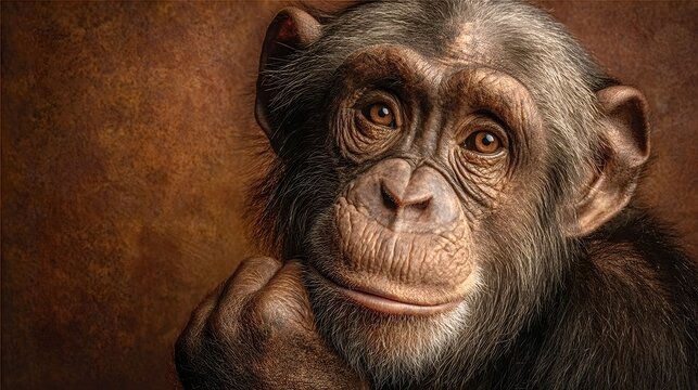 Close-up portrait of a pensive chimpanzee resting its chin thoughtfully on its hand, seemingly lost in deep thought against a textured brown backdrop, evoking a sense of wisdom and introspection