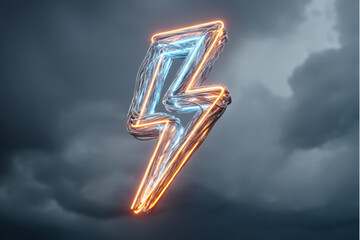 A glowing lightning bolt made of wires against a dark cloudy sky in a three d rendering style/,