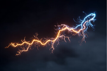 A vivid depiction of a lightning bolt with orange and blue hues against a dark and stormy background