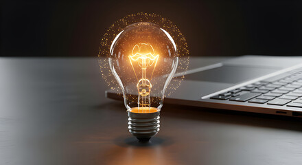 A glowing light bulb with an illuminated brain design sits on a desk beside a laptop, symbolizing creativity and innovation.
