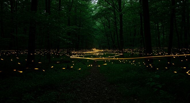 Long exposure of fireflies dancing in a dark forest, forming glowing trails of light. Deep greens and gold tones, mysterious and vibrant, symbolizing natural life force and invisible energy