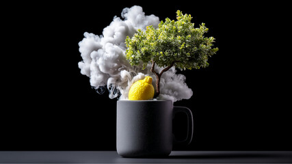 A gray mug with a lemon and a tree inside surrounded by white smoke on a black background studio shot