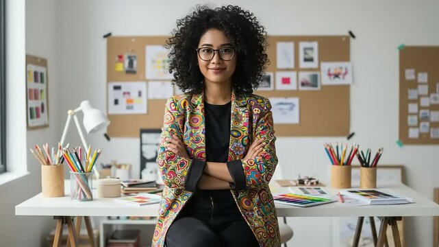 Woman with arms crossed in creative workspace
