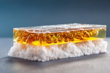 Clear rectangular block, amber liquid, bubbles, white foam